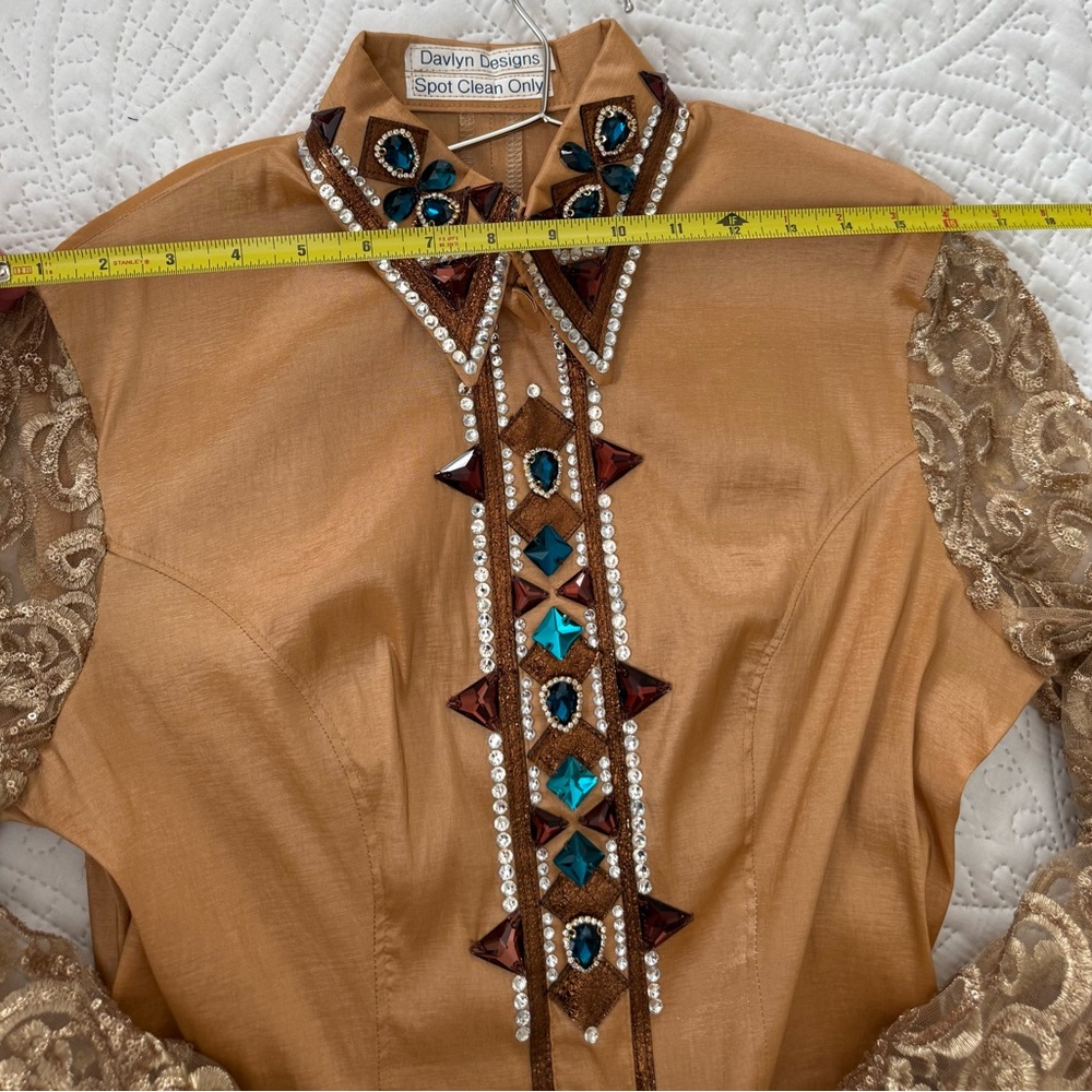 Davlyn Designs Gold and Brown Embellished Reining/Western Riding  Show Shirt - Picture 8 of 10